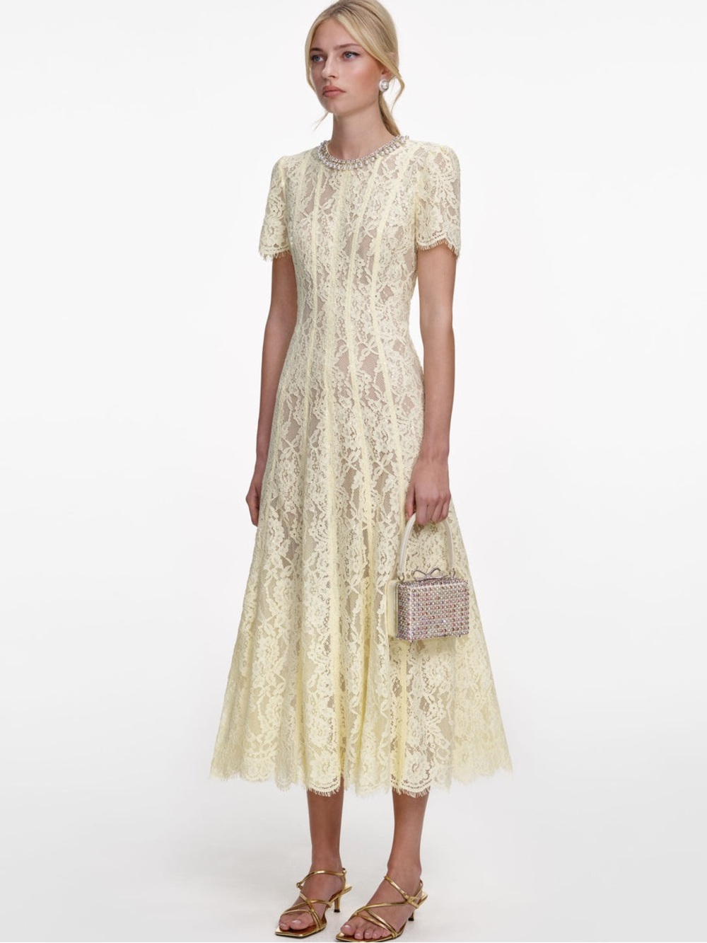 NWOT Self-Portrait YELLOW LACE EMBELLISHED MIDI DRESS - Picture 6 of 13
